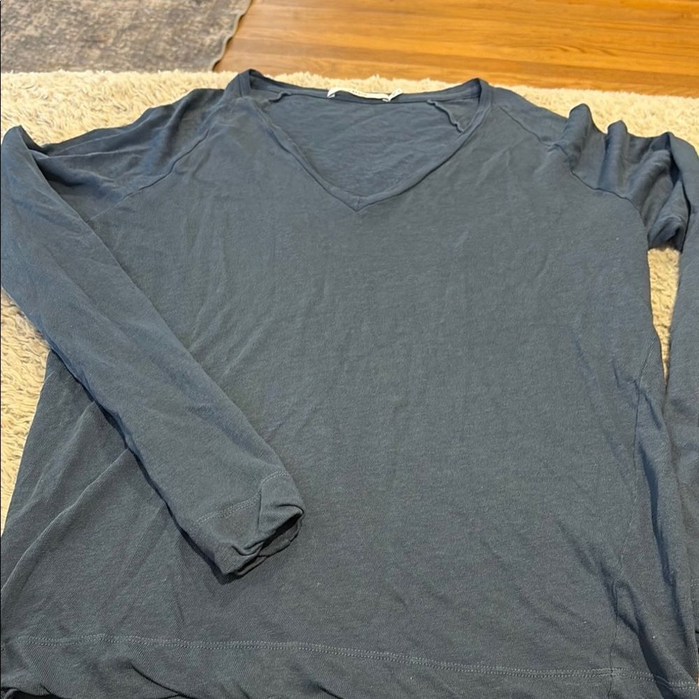 J Brand V-Neck Top Womens‎ S Blue Excellent Ribbed Knit Raglan Long Sleeve